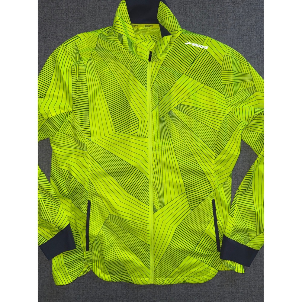 Brooks Run Happy Womens Neon Yellow Geometric Print Full Zip Running Jacket XL